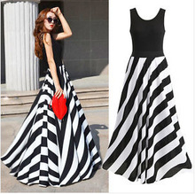 跨境欧美女装无袖斜条纹时尚潮流修身沙滩背心连衣裙现货