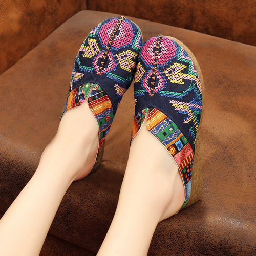Ethnic style pure handmade linen embroidery weaving cross stitch shoes literary embroidery retro women's slippers trendy