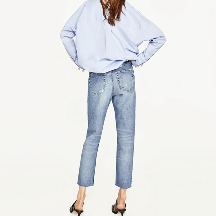 女式牛仔裤-西班牙单女款高腰九分做旧水洗蓝