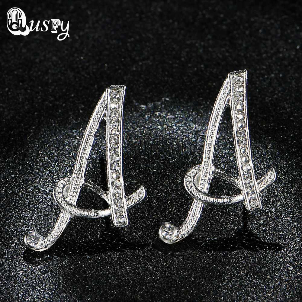 2017厂家直销批发最新26草书银色字母点钻流行时尚耳钉女士耳饰