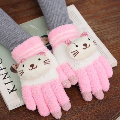 全指針織觸屏手套女秋冬加絨加厚保暖韓版學生可愛保暖珊瑚絨手套