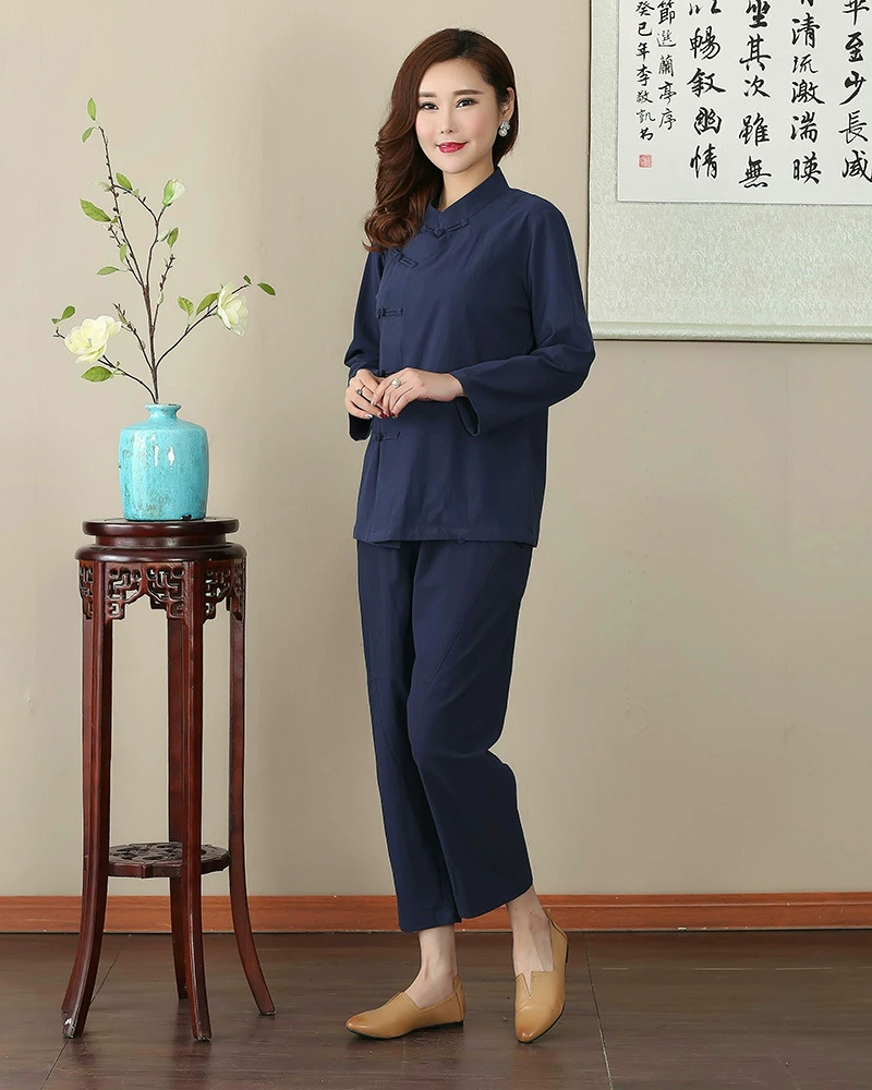 Новый весенне-осенний однотонный костюм 2703 для женщин из хлопка и льна в китайском стиле с длинным рукавом Тан, костюм, одежда для матери, ханьфу