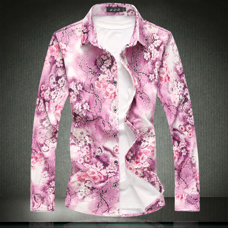 Spring and Autumn New Men's Large Size Long-sleeved Casual Floral Shirt Multi-size Plus Size Men's Thin Slim-fit Floral Shirt