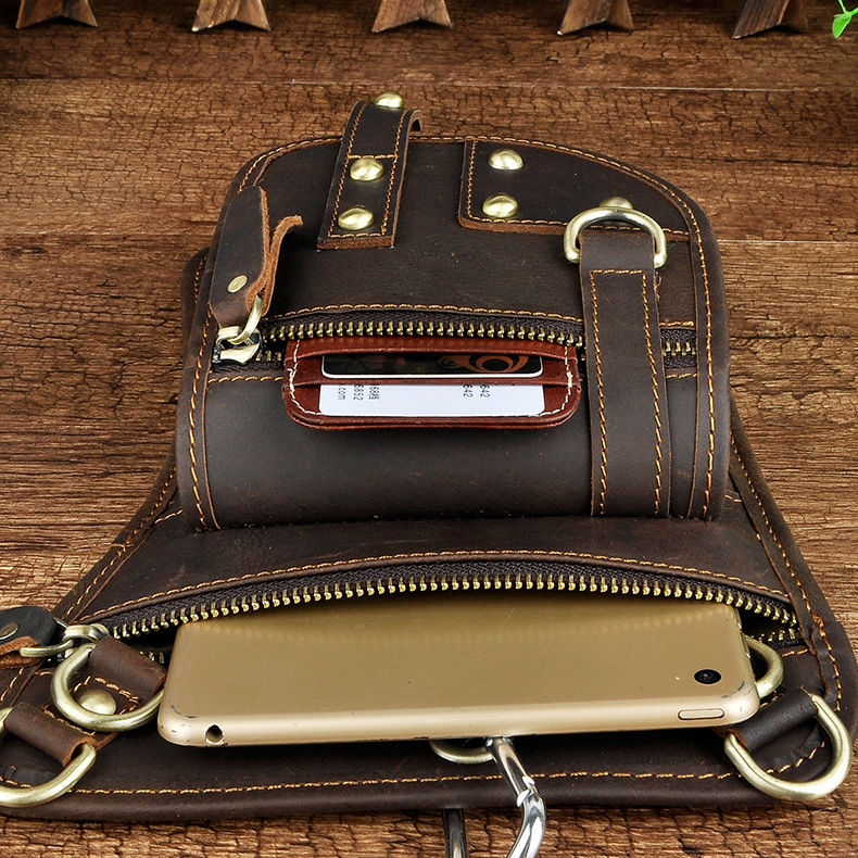 Albsales Genuine Leather Motorcycle Leg Bag – Unisex Brown Travel Bag – Buckle Closure