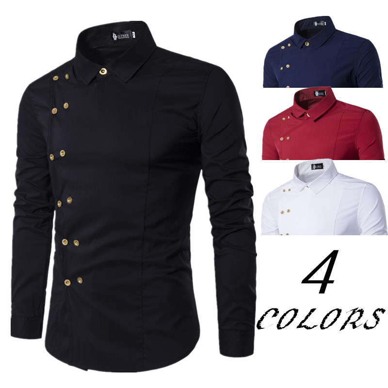 Amazon new men's diagonal double breasted slim long sleeve shirt thin solid color shirt Large Men's wear