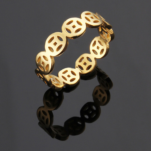 Custom Factory Titanium Steel Ring with Ancient Copper Coin Pattern for Women, Rose Gold Plated Titanium Steel Ring Wholesale