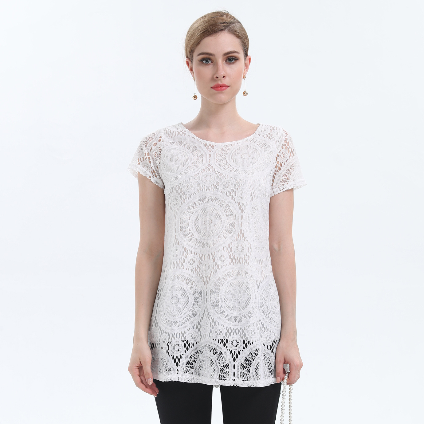 Large Size Round Neck Short Sleeve Lace Shirt  NSJR36768