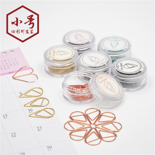 Factory direct sale, water drop metal shape paper clip bookmark, small colorful creative paper clip in gold box