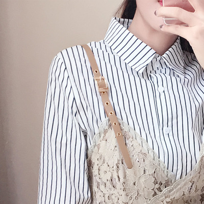 秋季套装女时尚两件套新款韩版学院气质条纹衬衫吊带蕾丝裙17926