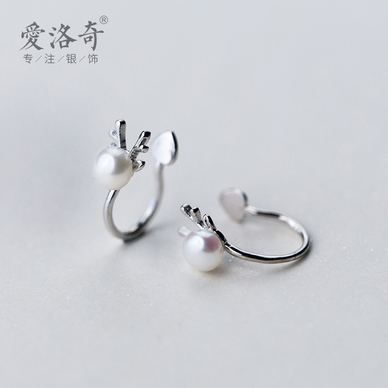 S925 plata esterlina croquetas de navidad adorables perlas de alce sin agujeros de orejas de cuerno de ciervo E5904