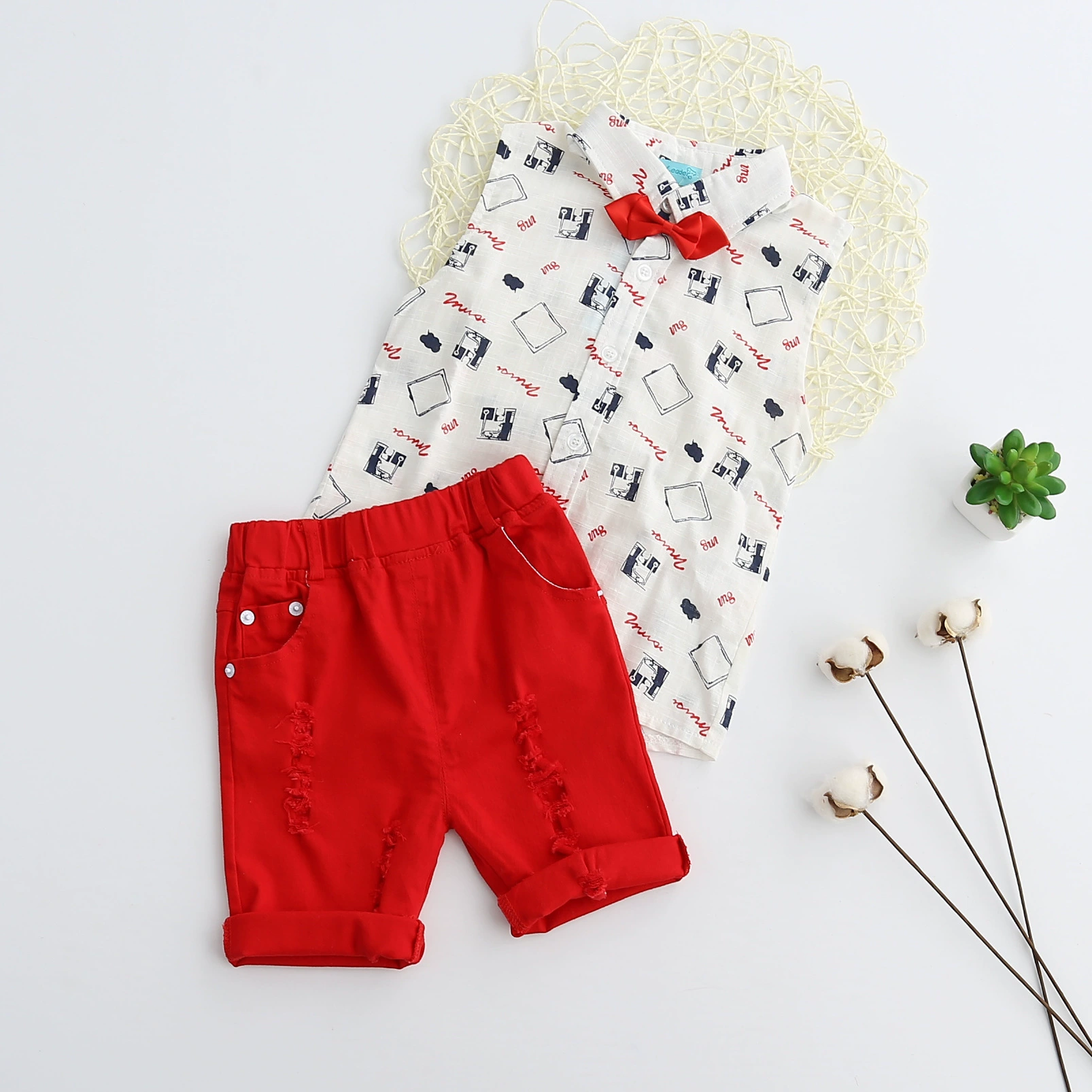 Fashionable vest, set, bow tie, belt, Korean style, cotton and linen