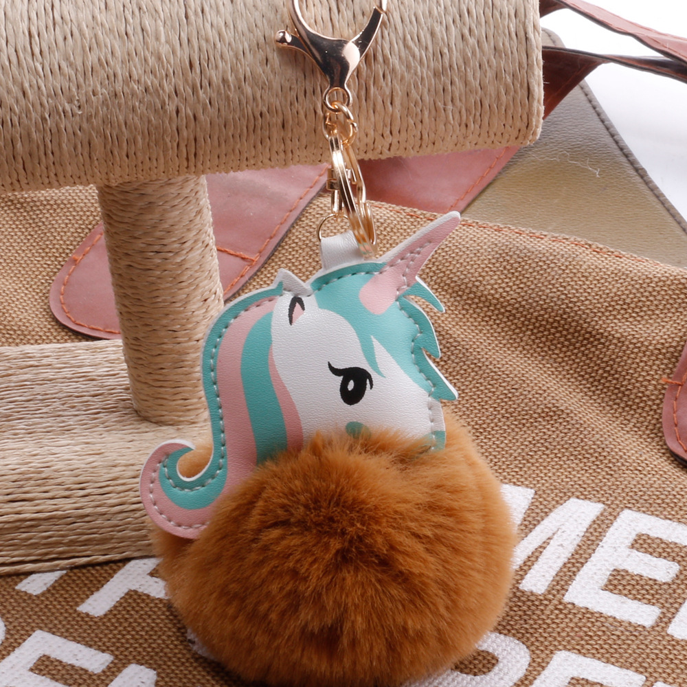Unicorn Imitation Rex Rabbit Hair Ball Keychain Cartoon PU Pony Bag Plush Pendant Car Keychain Girlspicture7