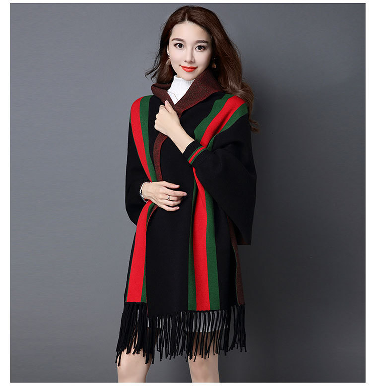 2018秋冬新款羊毛披肩两用双面条纹加厚保暖斗篷外套披肩流苏批发|ms