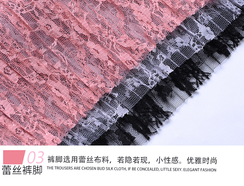 加模特蕾丝百褶阔腿裤_15