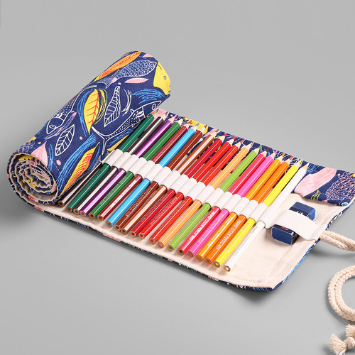 Colorful fish print handmade canvas art pen curtain 36 48 72 holes large capacity pencil bag color lead sketch stationery bag