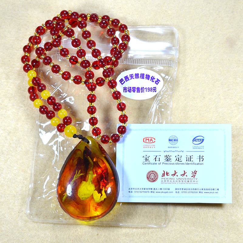 厂家批发仿巴西天然植物化石 蜜蜡琥珀项链 植物化石毛衣链项链