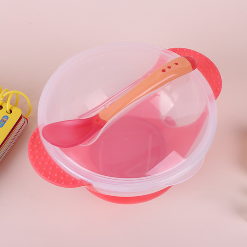2018 New Baby Transparent Suction Cup Bowl with Temperature Sensing Spoon Baby Training Bowl Set Spoon Temperature Sensing Discoloration Wholesale