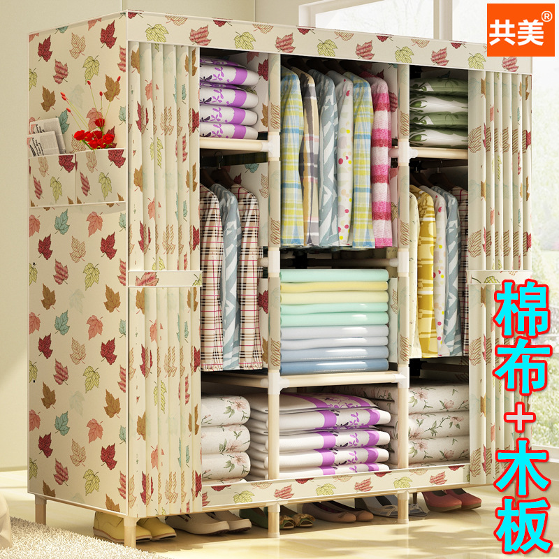 simple and easy Assembly wardrobe Fabric art solid wood Steel pipe Oxford cloth wardrobe Storage reinforce Double children Wardrobe