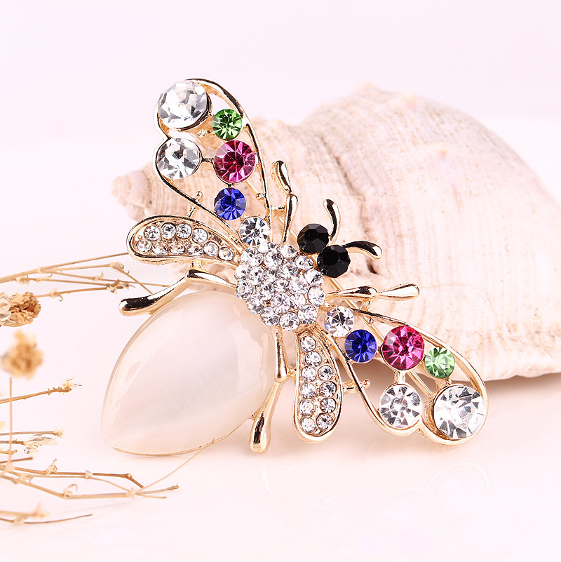 Mode farbige diamant katzenauge stein biene brosche niedliche cartoon tier brosche_voghion.com