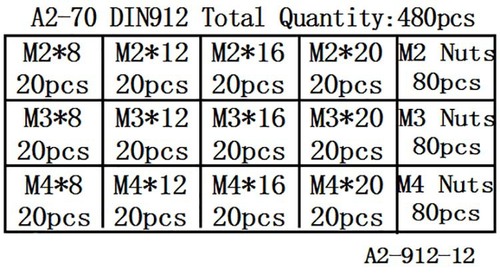 480pcs M2 M3 M4 Promotional Stainless Steel 304 Cup Head Hex Screws and Nuts Combination Set