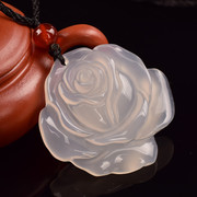 天然冰透白玉髓玫瑰花吊坠 女款精品玉石花朵挂件毛衣链批发
