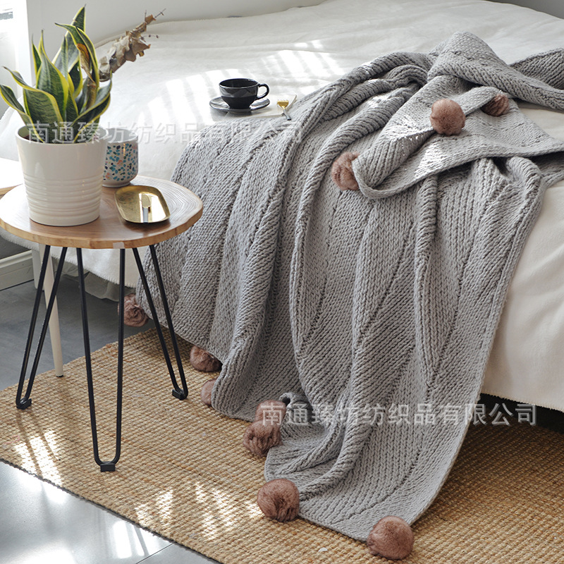 爆款网红毛球毯子 波纹冰岛针织球毯 北欧装饰毯空调毯