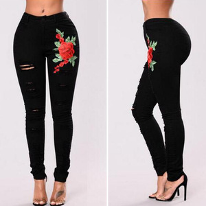 new waist holes embroidered jeans elastic cotton straight pants