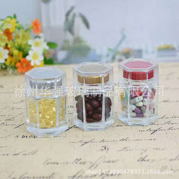 【现货】高白透明六棱玻璃蜂蜜瓶 优质蜂蜜瓶黑 金 银 红 瓶 盖