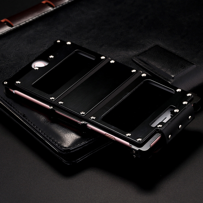 Armor King Iron Man Stainless Steel Dual Window Rivet Leather 360° Flip Case Cover for Apple iPhone 8 Plus & iPhone 8