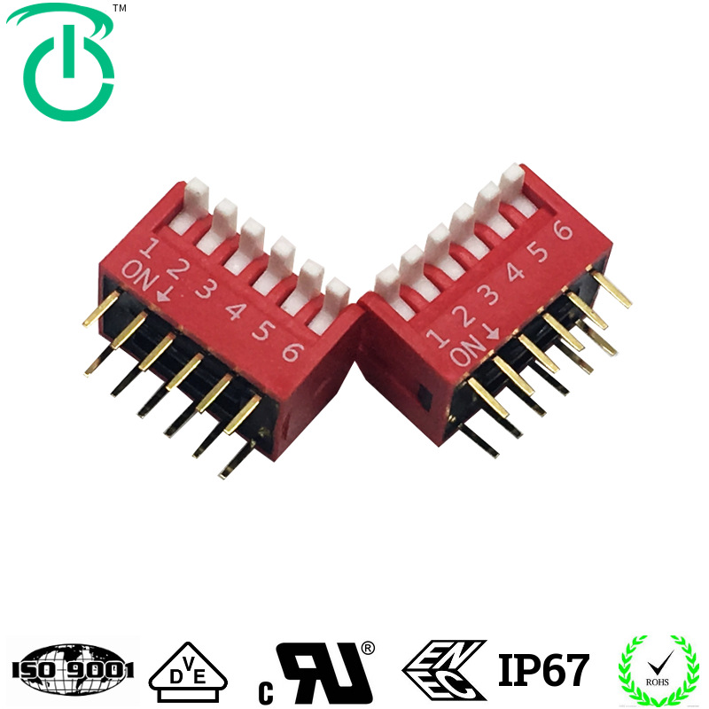 厂家供应红色侧拨插件2位4位6位8位2.54脚距镀金琴键式拨码开关