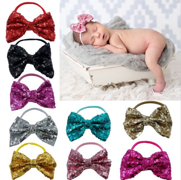 Cute Solid Color Bow Knot Cloth Sequins Hair Band 1 Piece display picture 1