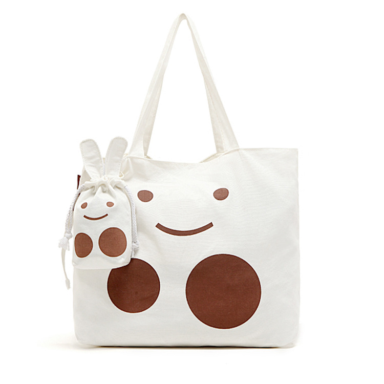 日系 健康环保阻燃棉布奶白色可爱兔子单肩包购物袋
