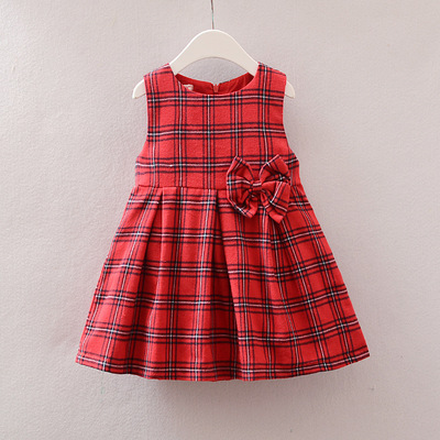 韩版新款薄呢料格子秋款背心连衣裙儿童公主裙批发|ms