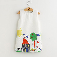 Girls' Summer Thin Dress Spring Solid Color Cartoon Pattern Girl Graffiti Print Backless Blouse Skirt