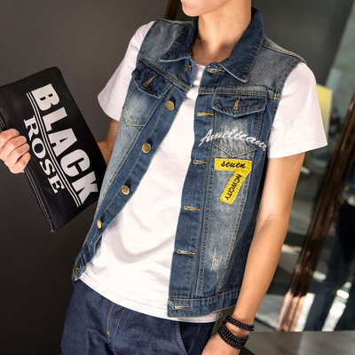 Spring Self cultivation cowboy Vest men's wear Vest Sleeveless printing Denim vest Young men Mandarin jacket Jeans 8004