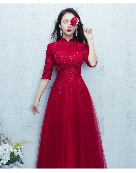 Spring fashion bride toast clothing long slim dress lace collar female wedding banquet