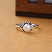欧美复古做旧珍珠戒指简约民族风细麻花珍珠编织手指环泰银戒指女