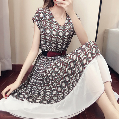 裙子女夏季新款韩版显瘦V领中长款印花百褶雪纺连衣裙大摆裙17329