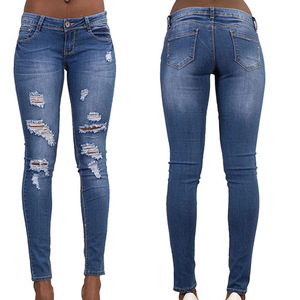 new fashion European women fitness elastic jeans holes pants