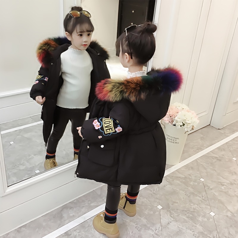 女童棉衣2019新款女童棉袄真毛领中长款儿童加厚棉服小女孩棉衣|ms