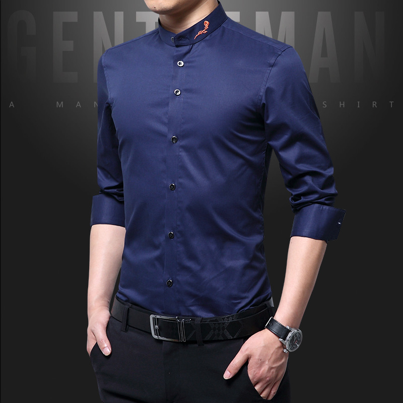 2019春季新款男士立领衬衣纯色商务休闲男装青年长袖衬衫男式韩版