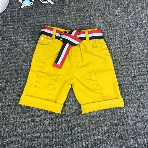 Grokko Children's Clothing  Summer Red and White Yellow Shorts with Belt 5-inch Shorts with Elastic and Hole-knitted Korean-style Pants