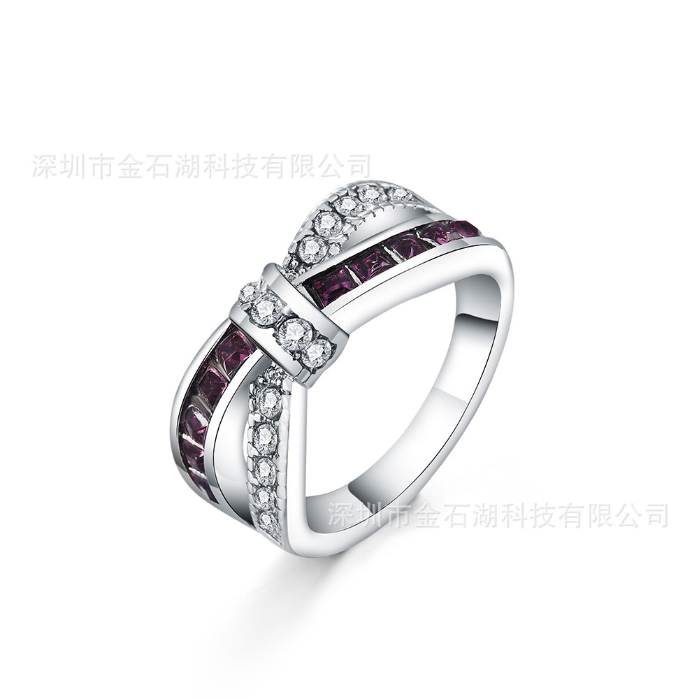 爆款款镶钻锆石紫水晶戒指EBAY热销欧美风格女士戒指指环电镀白金