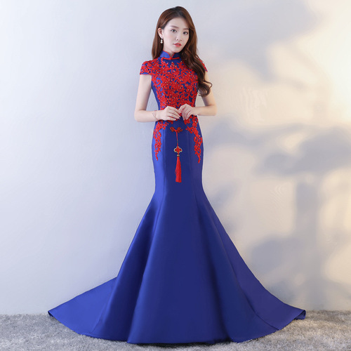 Chinese Dress Qipao Cheongsam long embroidered banquet evening dress performance dress chorus dress
