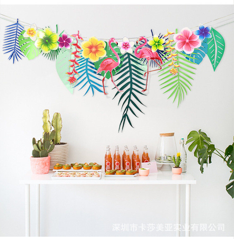 創意植物樹葉火烈鳥雞蛋花掛飾拉旗 熱帶主題派對教室櫥窗裝飾