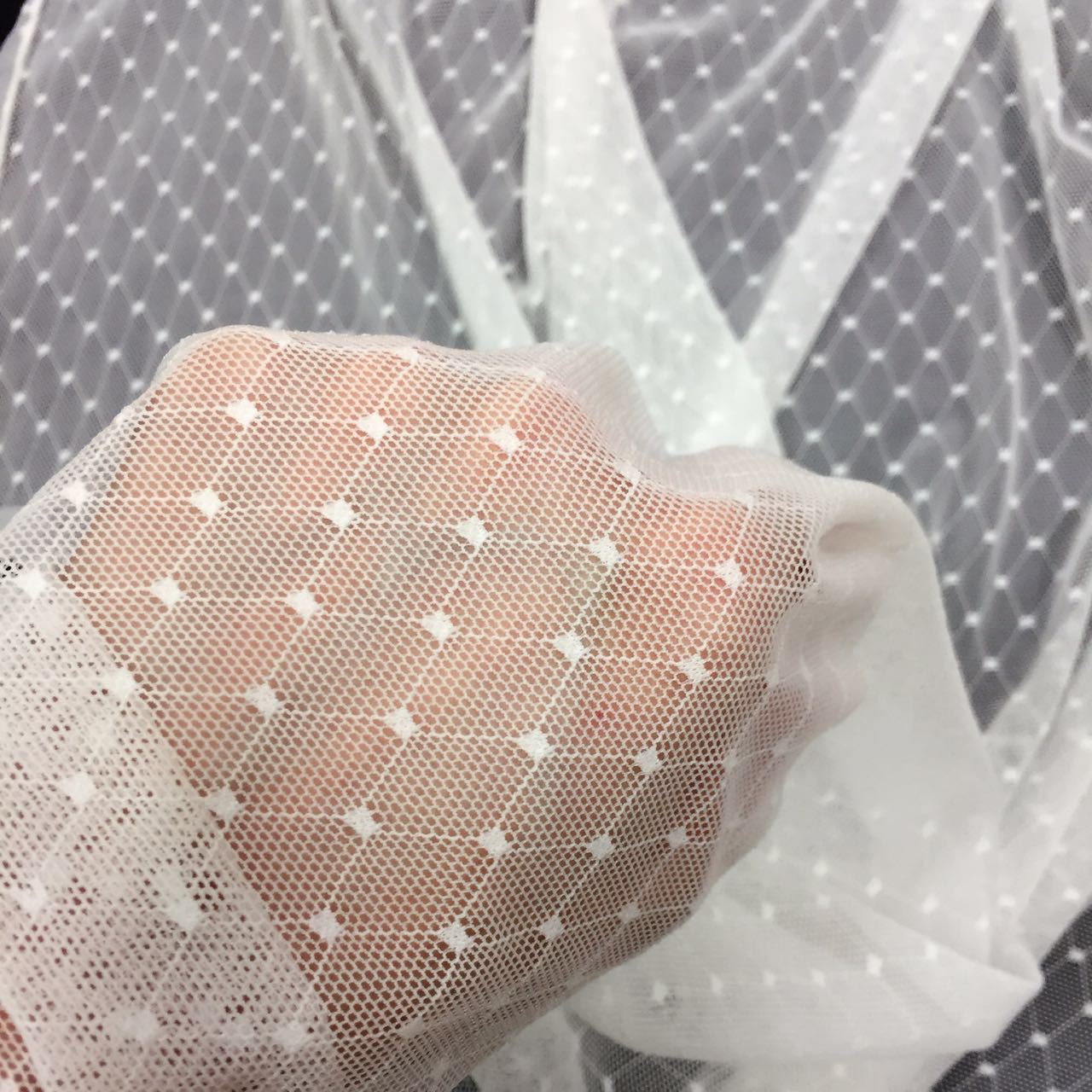 厂家直销~薄透锦氨弹力柔软亲肤菱形小方块提花网布 打底衫等面料