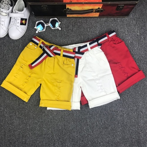 Grokko Children's Clothing  Summer Red and White Yellow Shorts with Belt 5-inch Shorts with Elastic and Hole-knitted Korean-style Pants