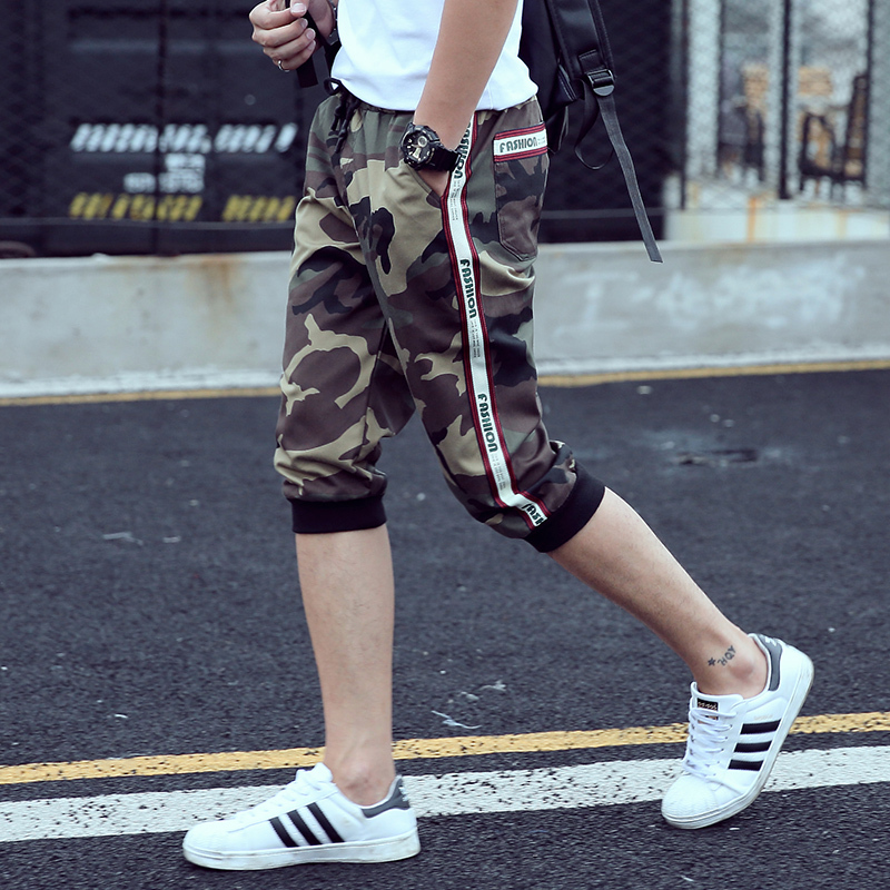 夏装新款港风潮男迷彩休闲短裤男装七分裤80