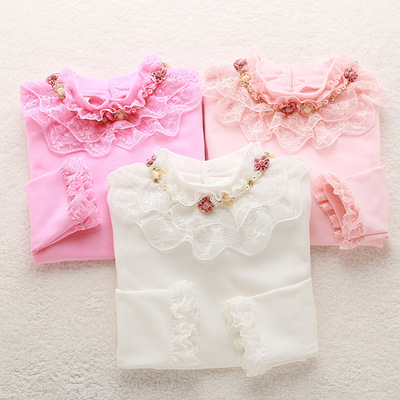 秋冬童装2019女童加绒打底衫蕾丝高领纯棉长袖儿童T恤百搭厂直销|ms