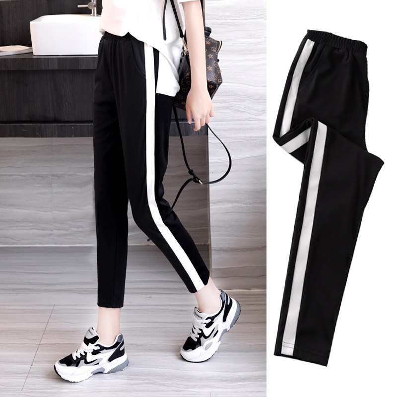 春夏季女士休闲裤女哈伦萝卜裤显瘦九分裤2018黑白拼接运动裤学生|ru